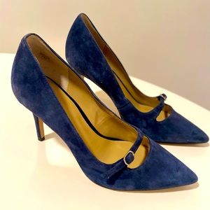 Ann Taylor navy suede pumps with buckle detail